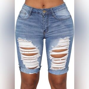 Sidefeel Distressed Rolled Cuffs Denim Ripped Bermuda Shorts Mid-Rise Denim L